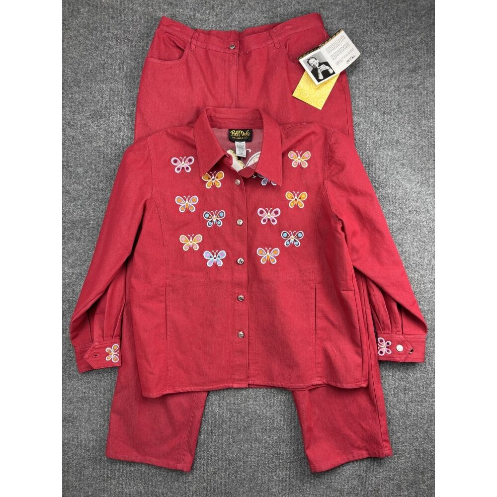 VINTAGE Bob Mackie Wearable Art Jacket Pants Set Womens Large Red‎ Butterfly 90s